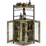 Industrial Corner Bar Cabinet with Glass Holder and Adjustable Shelf-Taupe