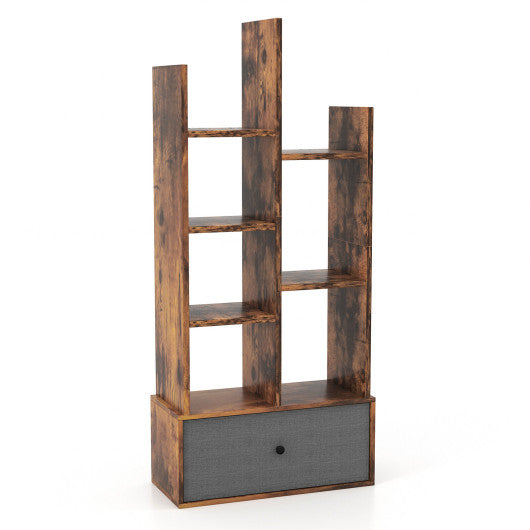 7-Tier Open-Back Bookshelf with Drawer-Rustic Brown
