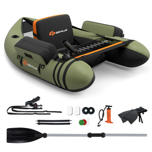 Inflatable Fishing Float Tube with Pump Storage Pockets and Fish Ruler-Green
