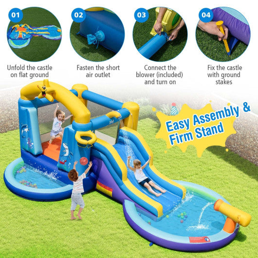 Inflatable Ocean-Themed Bounce House with 680W Blower and 2 Pools