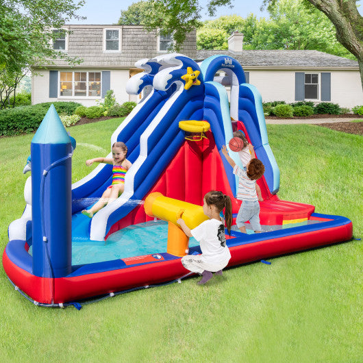 6-In-1 Inflatable Water Park with Climbing Wall Splash Pool (Without Blower)