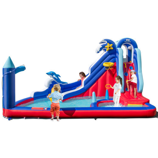 6-In-1 Inflatable Water Park with Climbing Wall Splash Pool (Without Blower)