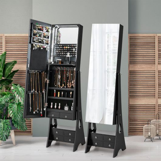 Freestanding Full Length LED Mirrored Jewelry Armoire with 6 Drawers-Black