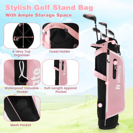 Junior Complete Golf Club Set with Stand Bag Rain Hood-Pink