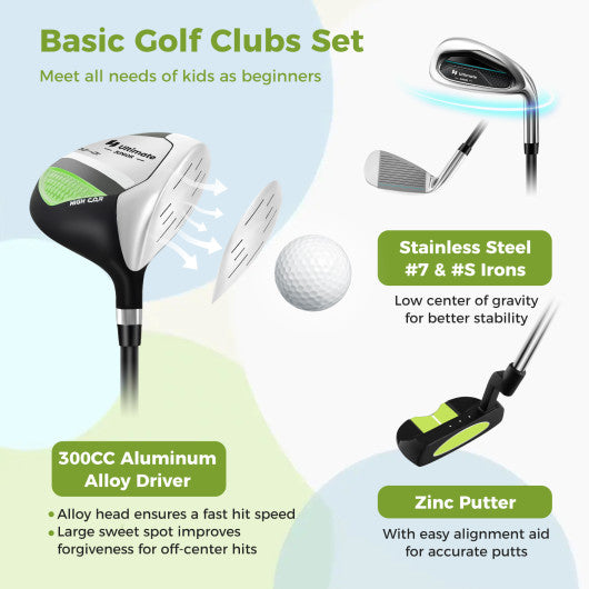 Junior Complete Golf Club Set for Kids with Rain Hood Right Hand Children Golf Age 8-10 Years Old-Green