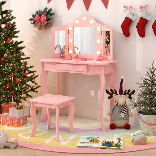 Kid Vanity Table Stool Set with Tri-Folding Mirror and 3-Color LED Lights-Pink