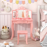Kid Vanity Table Stool Set with Tri-Folding Mirror and 3-Color LED Lights-Pink