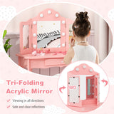 Kid Vanity Table Stool Set with Tri-Folding Mirror and 3-Color LED Lights-Pink