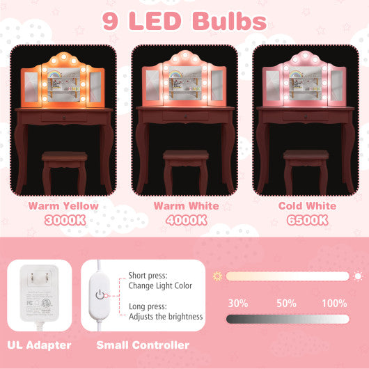 Kid Vanity Table Stool Set with Tri-Folding Mirror and 3-Color LED Lights-Pink