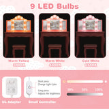 Kid Vanity Table Stool Set with Tri-Folding Mirror and 3-Color LED Lights-Pink