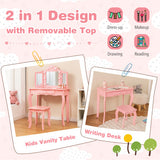 Kid Vanity Table Stool Set with Tri-Folding Mirror and 3-Color LED Lights-Pink
