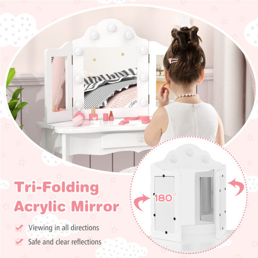 Kid Vanity Table Stool Set with Tri-Folding Mirror and 3-Color LED Lights-White
