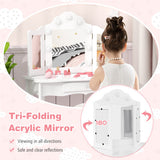 Kid Vanity Table Stool Set with Tri-Folding Mirror and 3-Color LED Lights-White