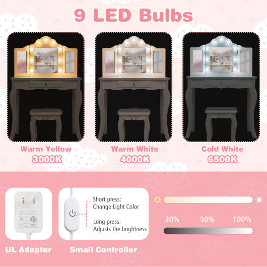 Kid Vanity Table Stool Set with Tri-Folding Mirror and 3-Color LED Lights-White