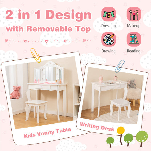 Kid Vanity Table Stool Set with Tri-Folding Mirror and 3-Color LED Lights-White