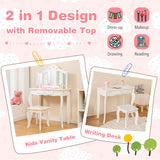 Kid Vanity Table Stool Set with Tri-Folding Mirror and 3-Color LED Lights-White