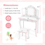 Kid Vanity Table Stool Set with Tri-Folding Mirror and 3-Color LED Lights-White