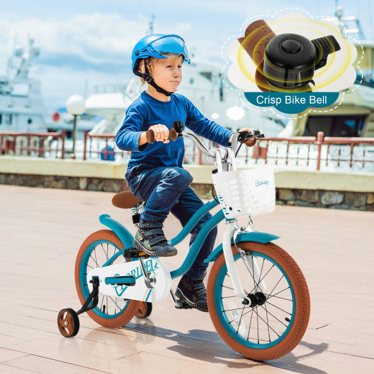 16 Inch Kids Bike with Front Handbrake and 2 Training Wheels-Turquoise