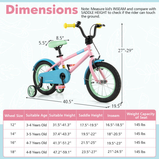 Kids Bike with Adjustable Handlebar and Saddle Pink-14 Inches