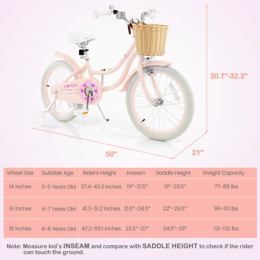 18-Inch Kids Bike with Training Wheels and Adjustable Handlebar Seat-Pink
