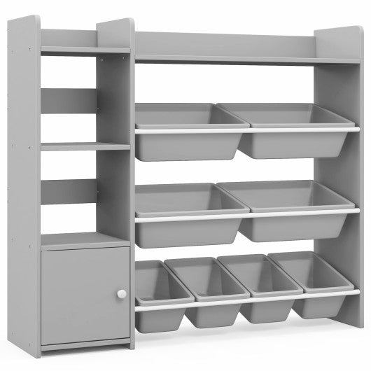 4-Tier Kids Bookshelf and Toy Storage Rack with 8 Toy Organizer Bins-Grey