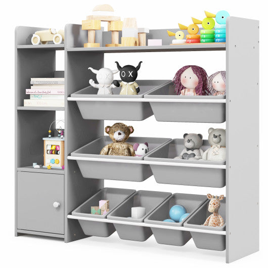 4-Tier Kids Bookshelf and Toy Storage Rack with 8 Toy Organizer Bins-Grey