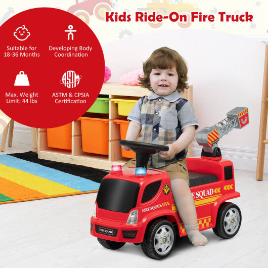 Kids Push Ride On Fire Truck with Ladder Bubble Maker and Headlights-Red