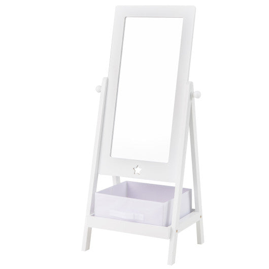 Kids Full Length Mirror 360 Degree Rotatable Dressing Mirror with Storage Bin-White