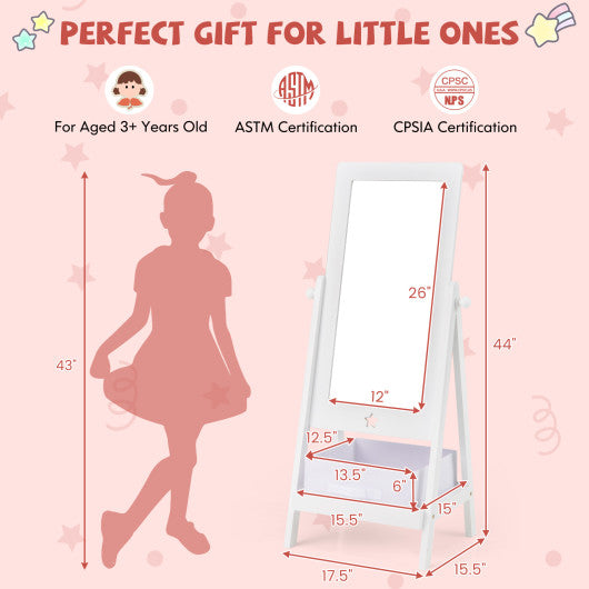 Kids Full Length Mirror 360 Degree Rotatable Dressing Mirror with Storage Bin-White