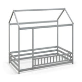 Twin Size Kids House Bed Wooden Floor Bed with Roof and Full-length Safety Guardrail-Gray