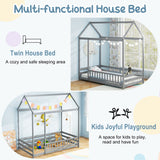 Twin Size Kids House Bed Wooden Floor Bed with Roof and Full-length Safety Guardrail-Gray