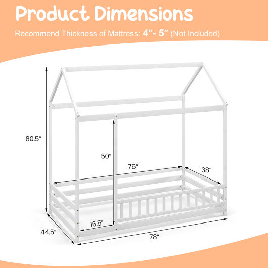 Twin Size Kids House Bed Wooden Floor Bed with Roof and Full-length Safety Guardrail-White