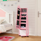 Kids Jewelry Armoire Cabinet with Swivel Base and Lockable Universal Wheels-Pink