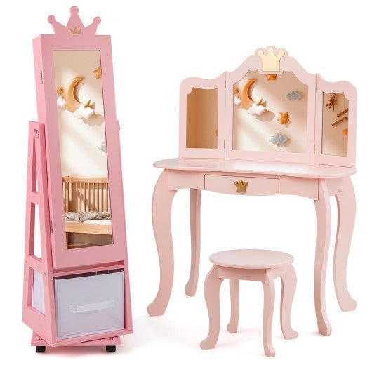 Kids Jewelry Armoire Cabinet with Swivel Base and Lockable Universal Wheels-Pink