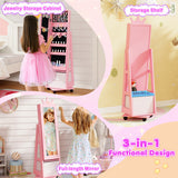 Kids Jewelry Armoire Cabinet with Swivel Base and Lockable Universal Wheels-Pink