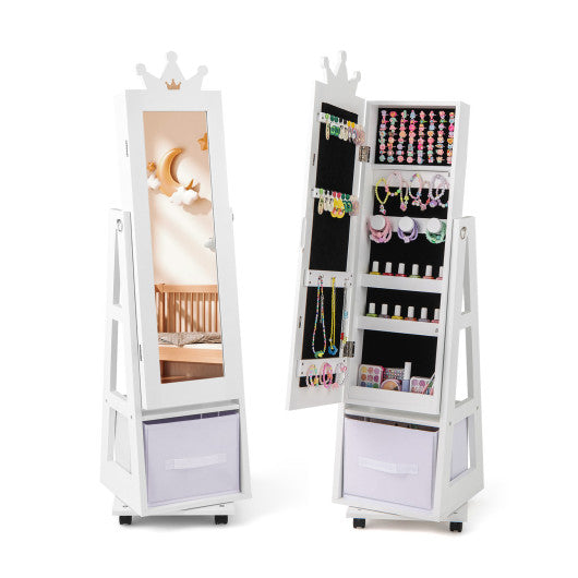 Kids Jewelry Armoire Cabinet with Swivel Base and Lockable Universal Wheels-White