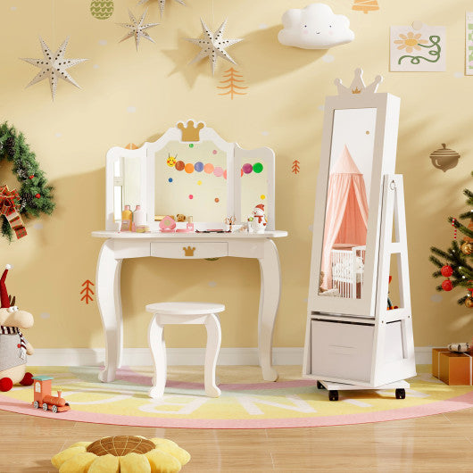 Kids Jewelry Armoire Cabinet with Swivel Base and Lockable Universal Wheels-White