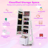 Kids Jewelry Armoire Cabinet with Swivel Base and Lockable Universal Wheels-White