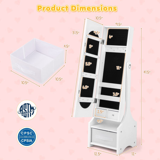 Freestanding Kids Jewelry Armoire Cabinet with Storage and 2 Tilt Angles-White
