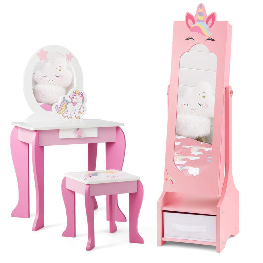Kids Jewelry Cabinet with Full-Length Mirror for Kids Bedroom and Playroom-Pink