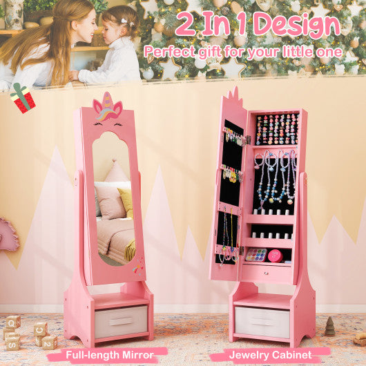 Kids Jewelry Cabinet with Full-Length Mirror for Kids Bedroom and Playroom-Pink