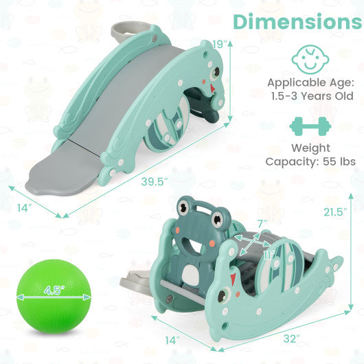 3-in-1 Kids Slide Rocking Horse Set Convertible Toddler Slide with Basketball Hoop-Green