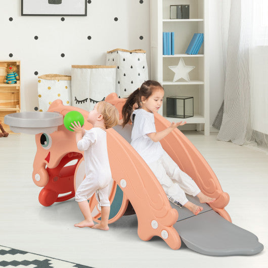 3-in-1 Kids Slide Rocking Horse Set Convertible Toddler Slide with Basketball Hoop-Pink