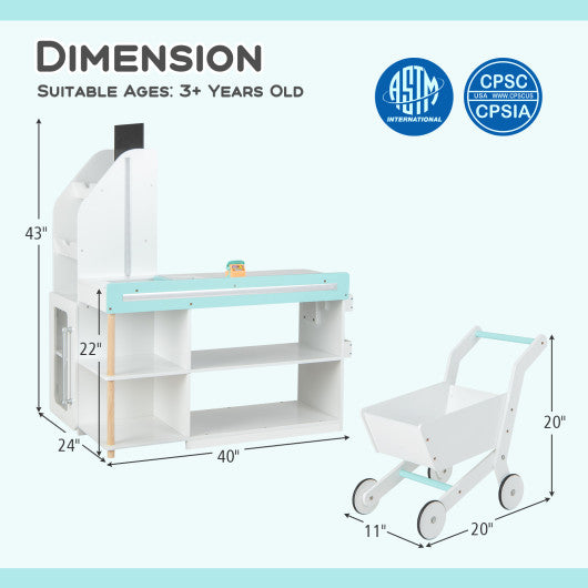 Wooden Kids Supermarket Playset with Cash Register and Shopping Cart-White