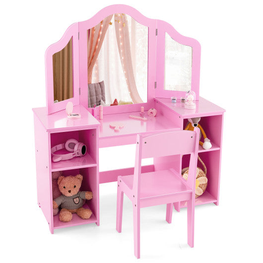 Kids Vanity Table and Chair Set with Removable Tri-Folding Mirror-Pink