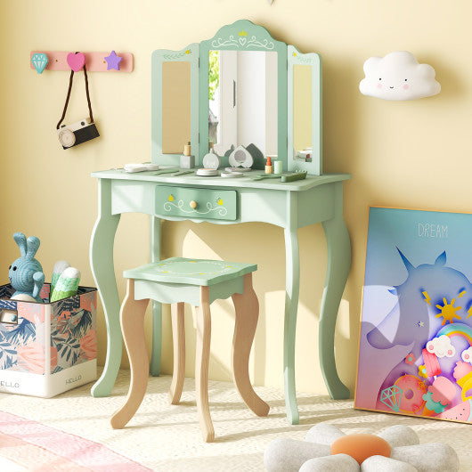 Kids Vanity Set with Tri-folding Mirror-Green