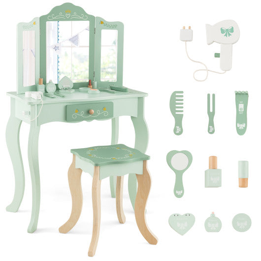 Kids Vanity Set with Tri-folding Mirror-Green