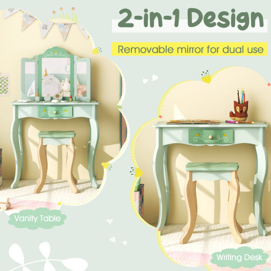 Kids Vanity Set with Tri-folding Mirror-Green