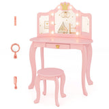 Kids Vanity Set with Tri-fold Lighted Mirror Detachable Top and Stool-Pink