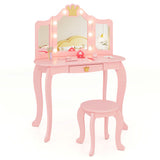 Kids Vanity Set with Tri-fold Lighted Mirror Detachable Top and Stool-Pink